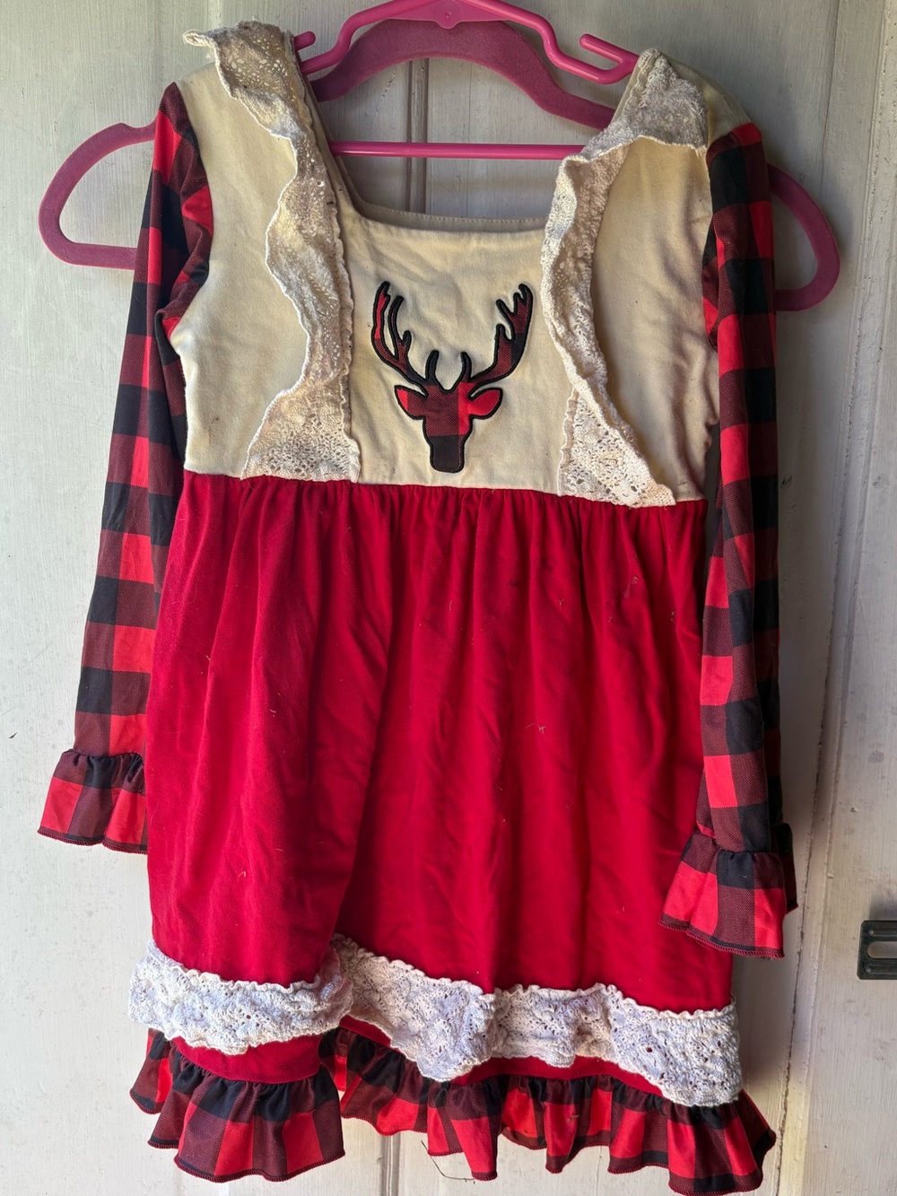Girls Red Plaid Reindeer Lace-Trim Dress